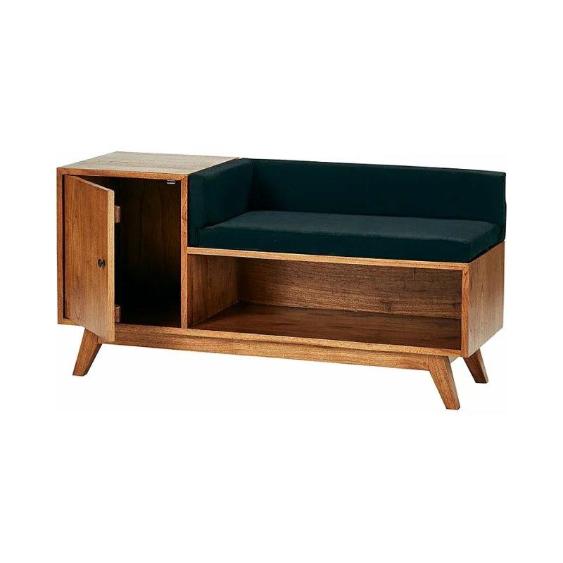 Doğal Renk Masif Mindi Ağacı Siyah Minderli Kapaklı Ayakkabılık - 120x42x45 cm - 118297