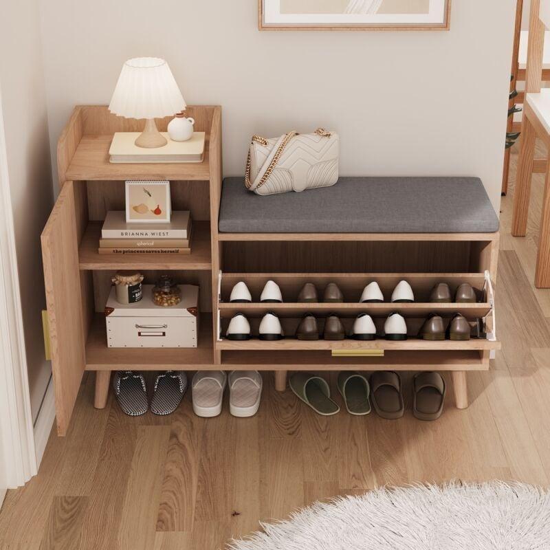 Doğal Renk MDF Minderli Oturaklı Ahşap Ayakkabılık - 100x30x69 cm - 118982
