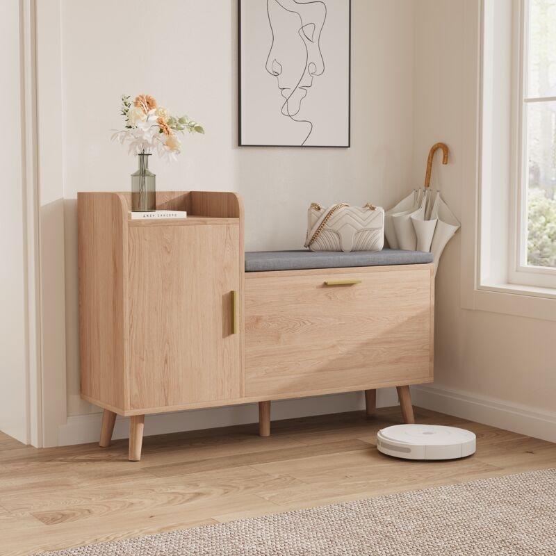 Doğal Renk MDF Minderli Oturaklı Ahşap Ayakkabılık - 100x30x69 cm - 118982