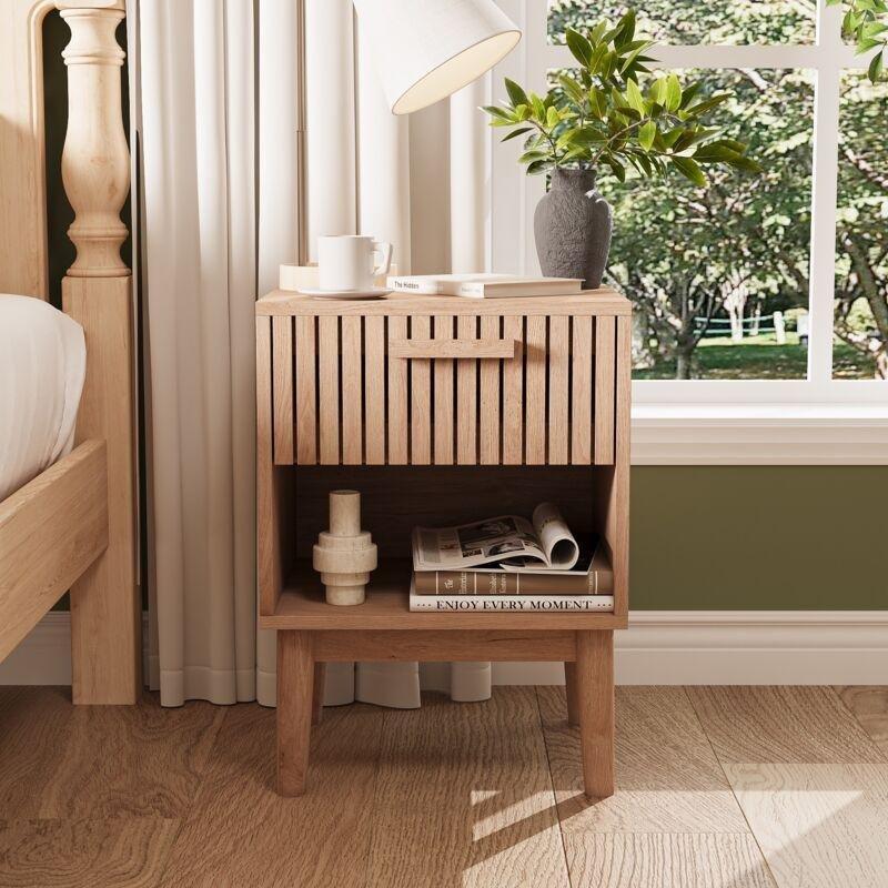 Doğal Renk MDF ve Masif Ayaklı Çekmeceli Raflı İkili Komodin - 40x35x55 cm - 127776