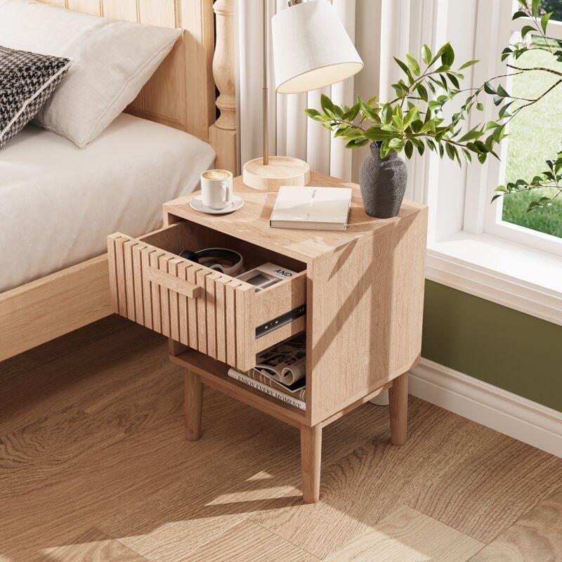 Doğal Renk MDF ve Masif Ayaklı Çekmeceli Raflı İkili Komodin - 40x35x55 cm - 127776
