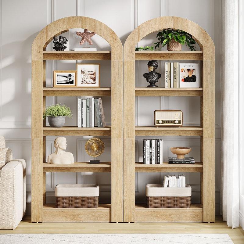 Doğal Tik Endüstriyel Ahşap Kemerli 5 Raflı Kitaplık - 180x80x30 cm - 141532