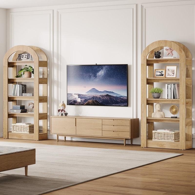 Doğal Tik Endüstriyel Ahşap Kemerli 5 Raflı Kitaplık - 180x80x30 cm - 141532