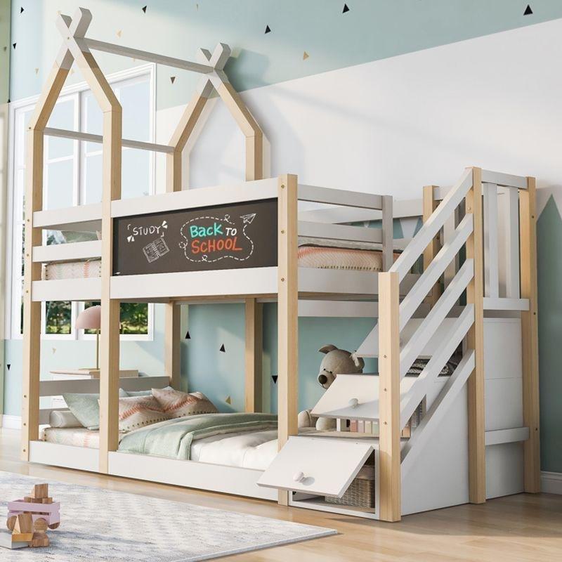 Doğal ve Beyaz Masif Çam Depolamalı Merdivenli Yazı Tahtalı Çatılı Ranza - 90x200 cm - 125491