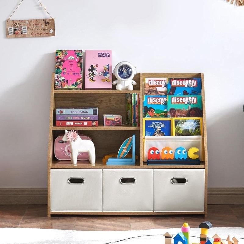 Endüstriyel Ahşap 4 Katlı Bez Raflı Ve 3 Çekmeceli Oyuncak Düzenleyici Kitaplık - 91x81x41 Cm - 141217