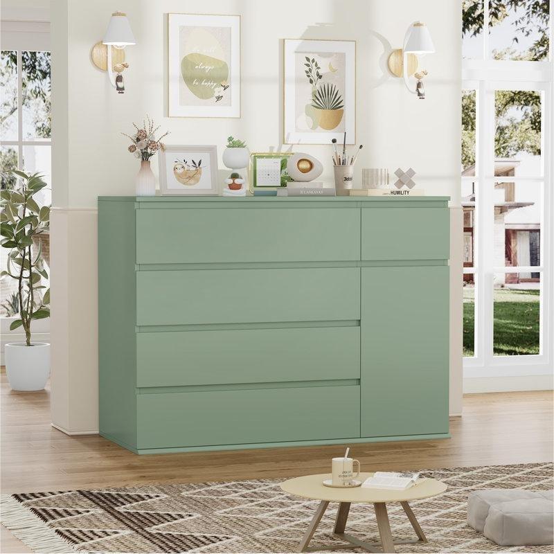 Endüstriyel Ahşap 5 Çekmeceli ve Dolaplı Yeşil Şifonyer - 100x80 cm - 124080