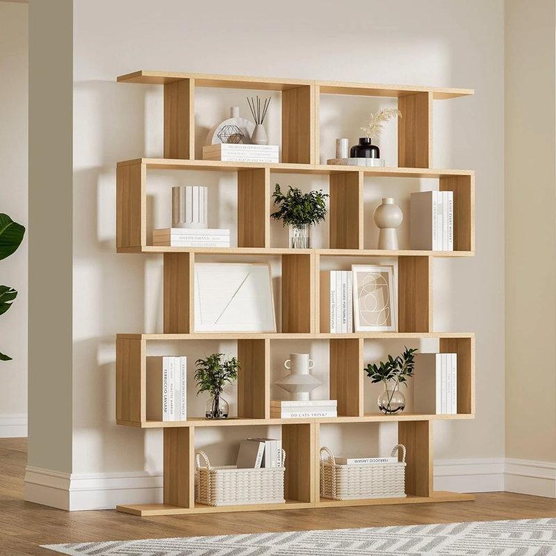 Endüstriyel Ahşap 5 Raflı S Tasarım Geometrik 2li Set Kitaplık - 70x160 cm - 142015