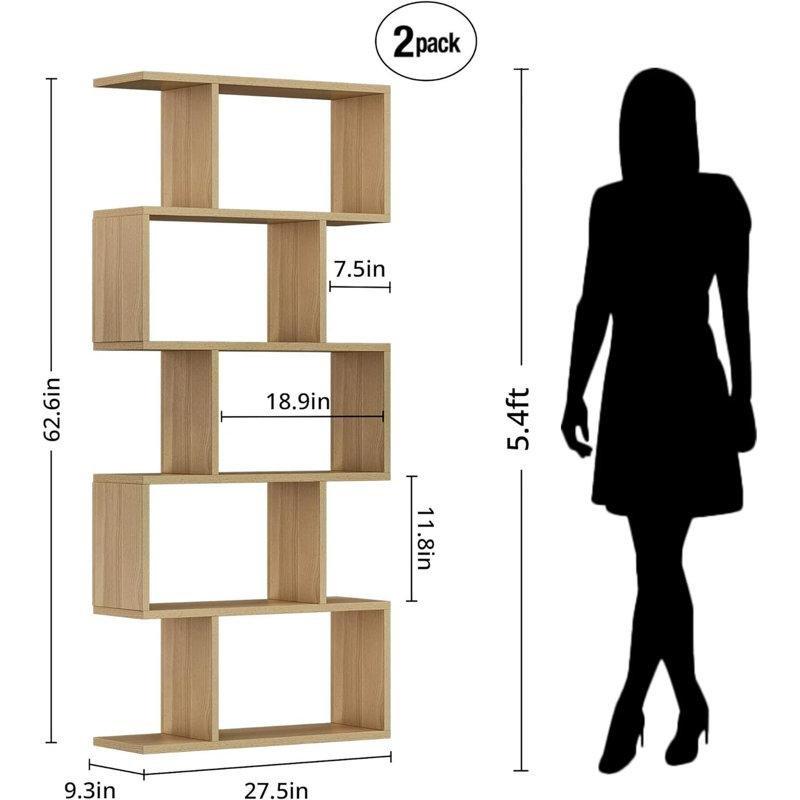 Endüstriyel Ahşap 5 Raflı S Tasarım Geometrik 2li Set Kitaplık - 70x160 cm - 142015