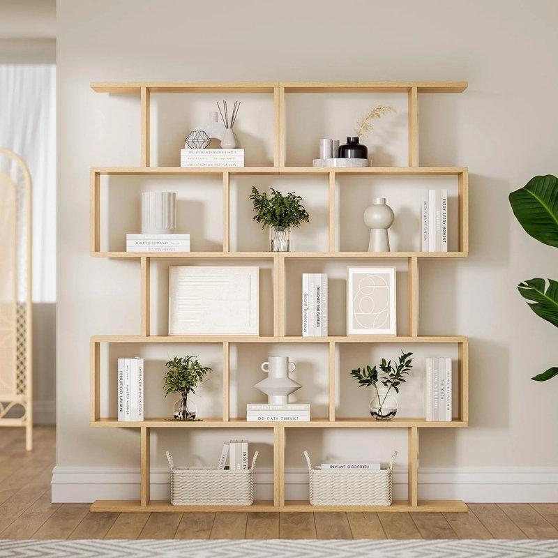 Endüstriyel Ahşap 5 Raflı S Tasarım Geometrik 2li Set Kitaplık - 70x160 cm - 142015