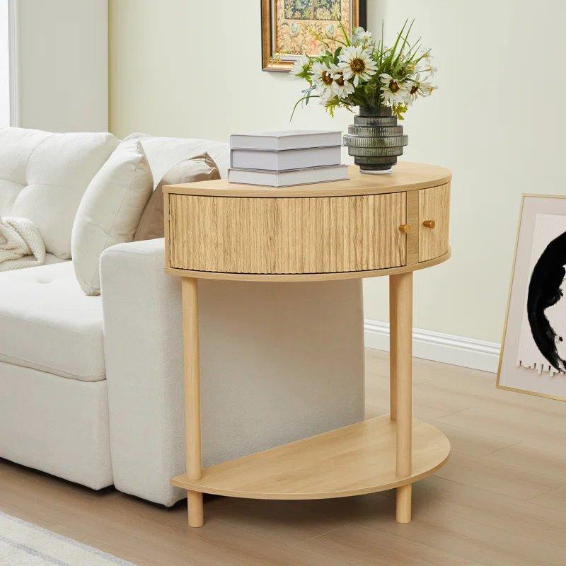 Endüstriyel Ahşap Gold Kulplu Yivli Tasarım Çekmeceli Oval Dresuar - 80x80 cm - 132241