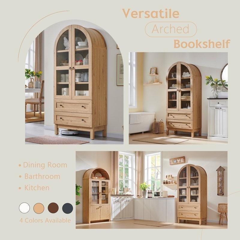 Endüstriyel Ahşap Kemerli Tasarım Cam Kapaklı ve Çekmeceli Kitaplık - 181x79x41 cm - 141586