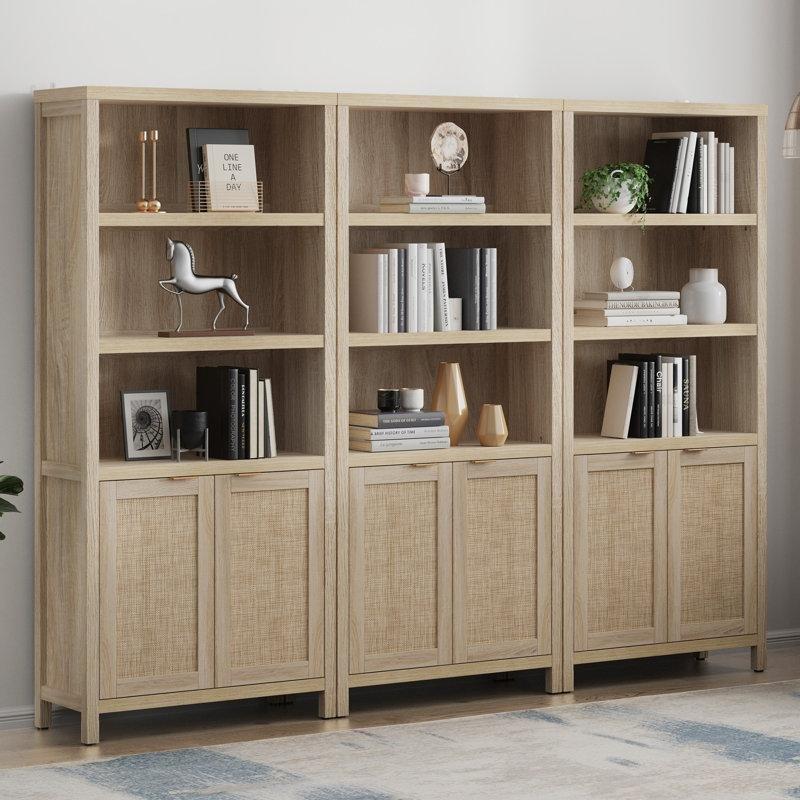 Endüstriyel Ahşap Rattan Detaylı Kapaklı Kitaplık - 78x36x181 cm - 141331