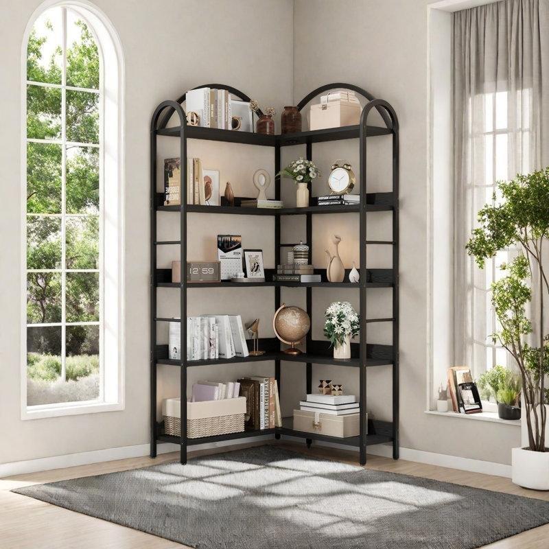Endüstriyel Ahşap ve Metal 5 Raflı Kemerli L Tipi Köşe Kitaplık - 79x24x174 cm - 141859