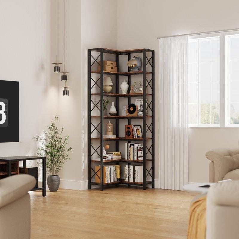 Endüstriyel Ahşap ve Metal 7 Katlı X Destekli Köşe Kitaplık - 60x24x199 cm - 141928