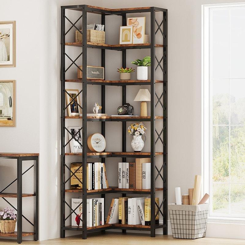 Endüstriyel Ahşap ve Metal 7 Katlı X Destekli Köşe Kitaplık - 60x24x199 cm - 141928