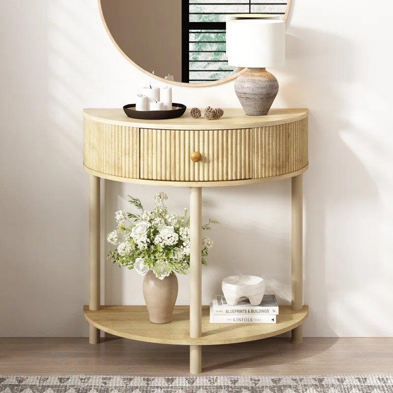Endüstriyel Ahşap Yivli Çekmeceli ve Raflı Oval Dresuar - 78x40x80 cm - 132527
