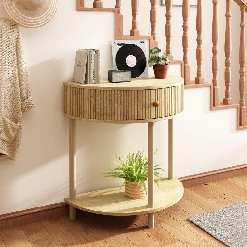 Endüstriyel Ahşap Yivli Çekmeceli ve Raflı Oval Dresuar - 78x40x80 cm - 132527