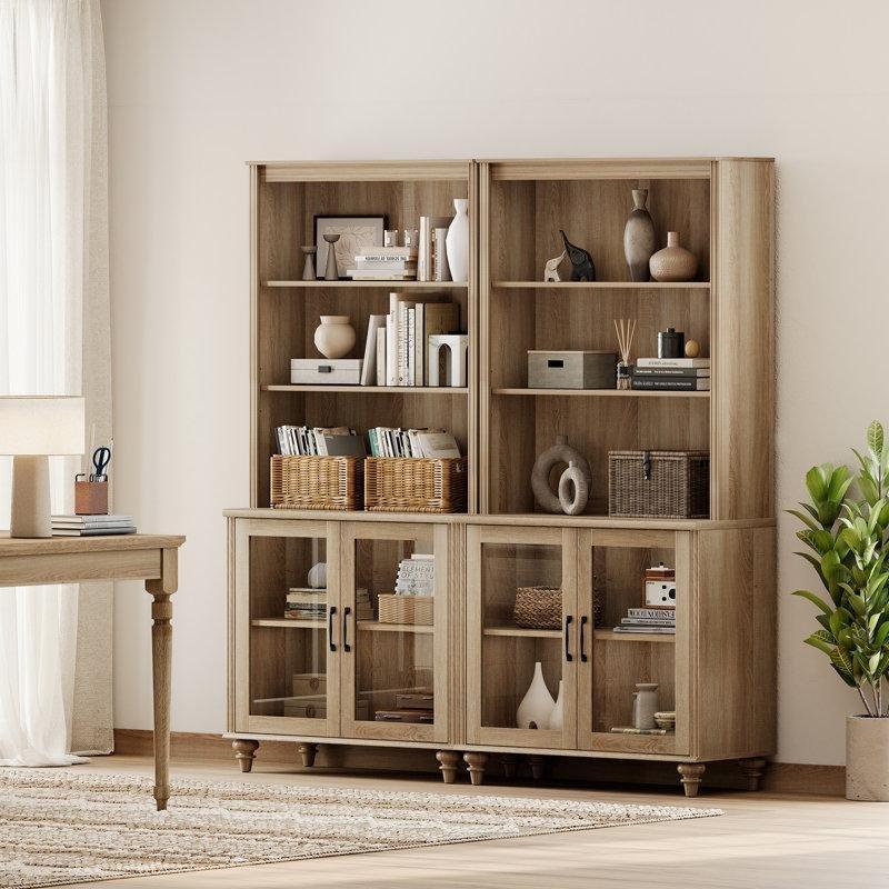 Eskitme Ahşap Cam Kapaklı 10 Raflı 2li Set Kitaplık - 172x40x184 cm - 141481