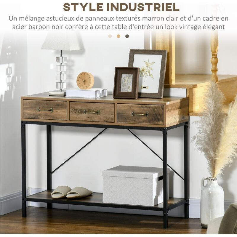 Eskitme Ahşap ve Siyah Metal 3 Çekmeceli Raflı Dresuar - 100x35x77 cm - 133913