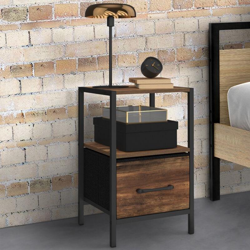Eskitme Ahşap ve Siyah Metal Raflı Çekmeceli İkili Set Komodin - 30x30x50 cm - 127799