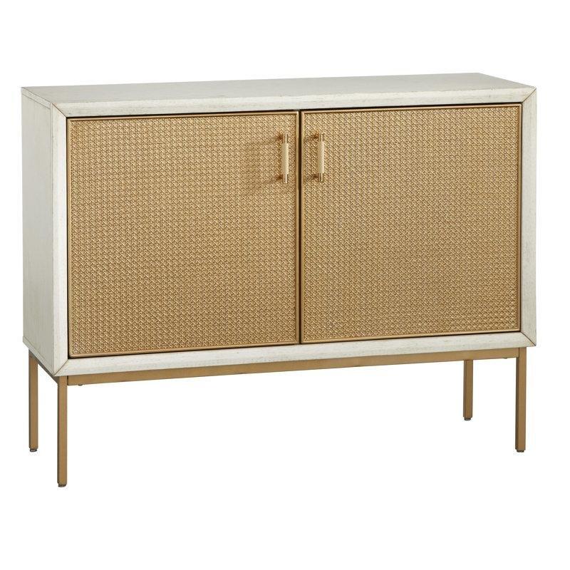 Eskitme Beyaz Rattan ve Ahşap 2 Kapaklı Gold Konsol - 120x40x91 cm - 129010