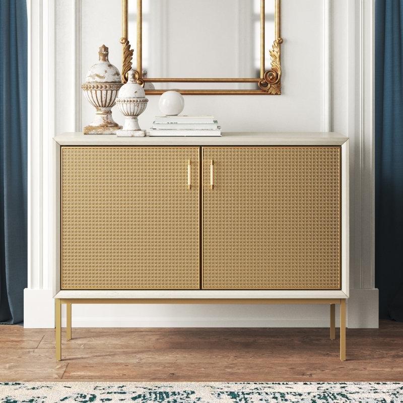 Eskitme Beyaz Rattan ve Ahşap 2 Kapaklı Gold Konsol - 120x40x91 cm - 129010