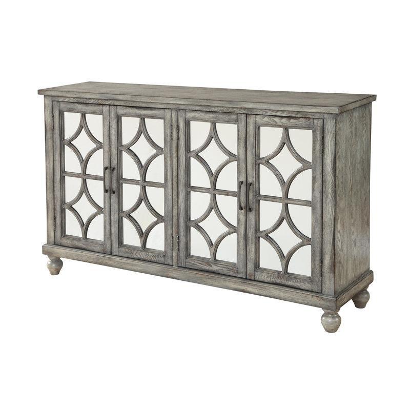 Eskitme Gri Ahşap 4 Kapaklı Geometrik Desenli Aynalı Konsol - 153x89 cm - 128878