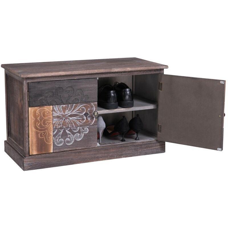 Eskitme Gri Kahve Paulownia Oymalı Kapaklı Ahşap Ayakkabılık - 75x37x45 cm - 118864