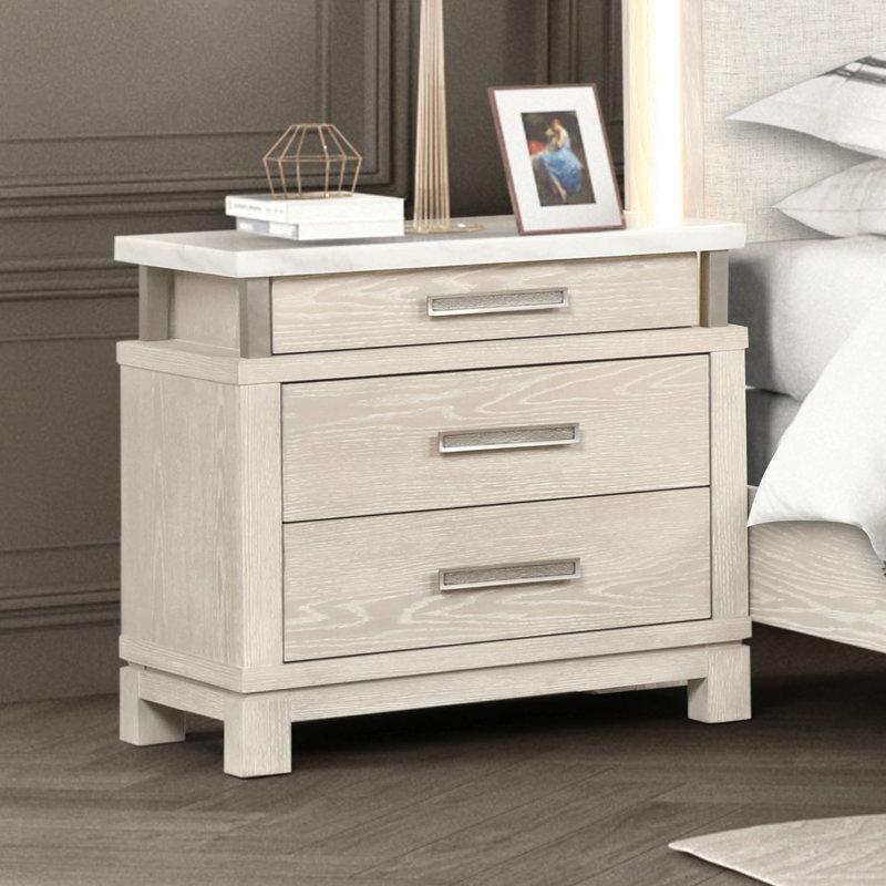 Eskitme Gri Masif Ahşap Gövdeli Mermer Üst Tablalı Üç Çekmeceli Mermer Komodin - 71x45x75 cm - 128014