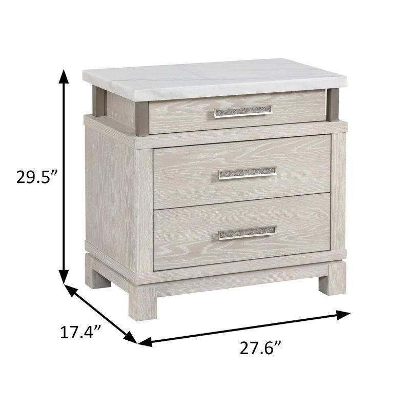 Eskitme Gri Masif Ahşap Gövdeli Mermer Üst Tablalı Üç Çekmeceli Mermer Komodin - 71x45x75 cm - 128014