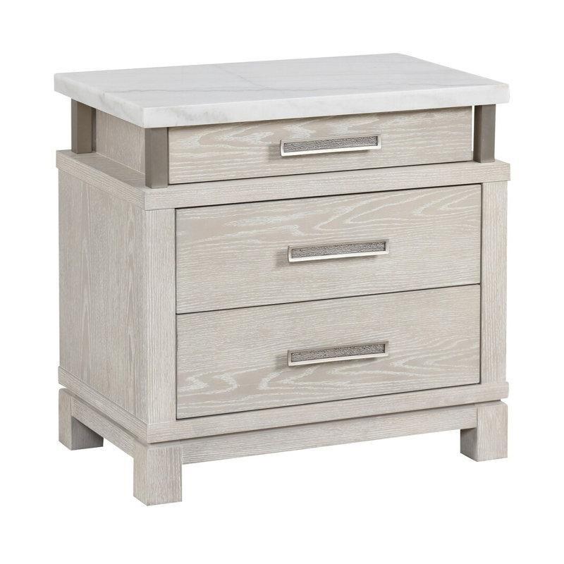 Eskitme Gri Masif Ahşap Gövdeli Mermer Üst Tablalı Üç Çekmeceli Mermer Komodin - 71x45x75 cm - 128014