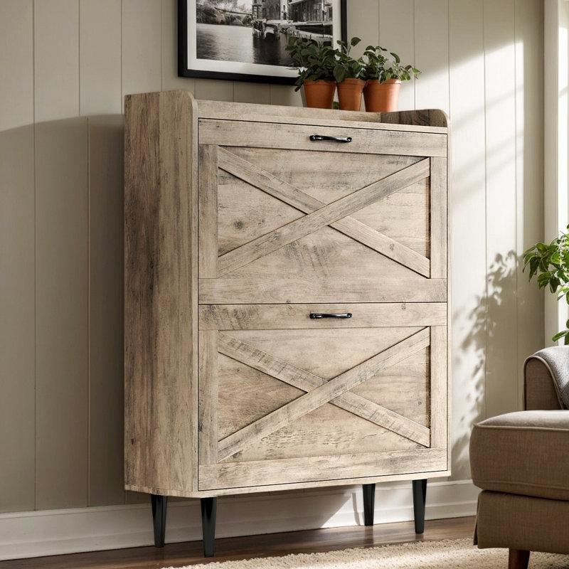 Eskitme Gri Melamin Kaplama Çapraz Tasarım Düşer Kapaklı Ayakkabılık - 81x25x100 cm - 120745