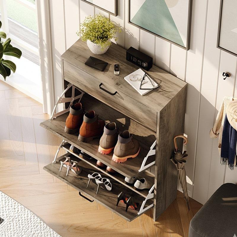 Eskitme Gri Meşe Görünümlü Çekmeceli ve 2 Düşer Kapaklı Dar Ayakkabılık - 64x94 cm - 120823