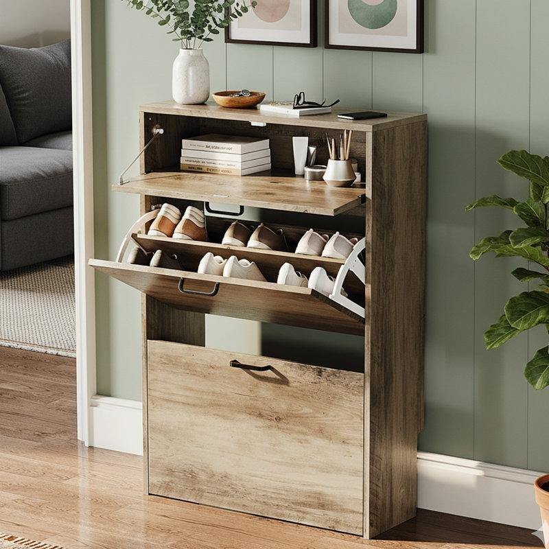 Eskitme Gri Meşe Görünümlü Çekmeceli ve 2 Düşer Kapaklı Dar Ayakkabılık - 64x94 cm - 120823