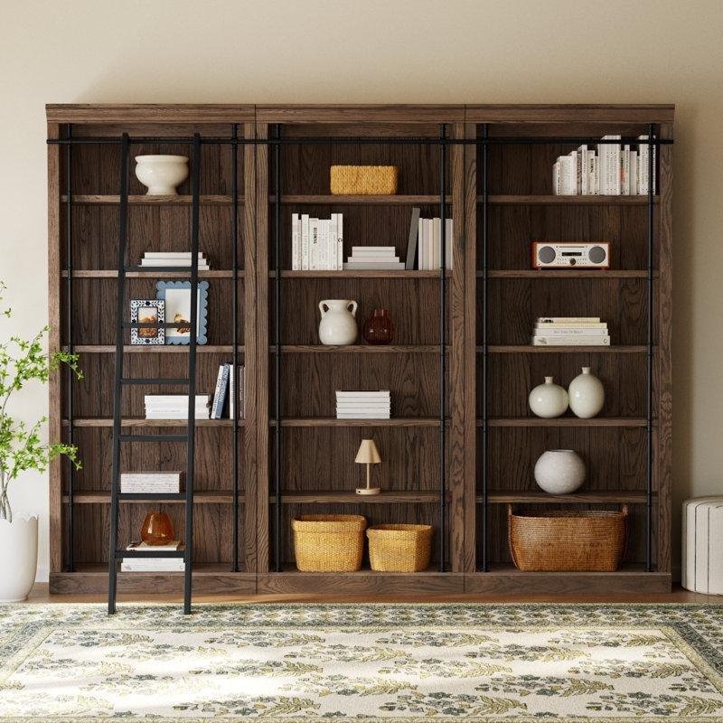 Eskitme Kahverengi Masif Ahşap ve Metal Merdivenli 3 Parçalı Kitaplık - 305x239x39 cm - 141781