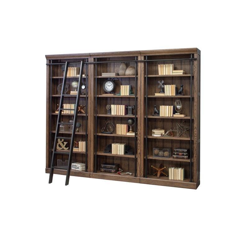 Eskitme Kahverengi Masif Ahşap ve Metal Merdivenli 3 Parçalı Kitaplık - 305x239x39 cm - 141781