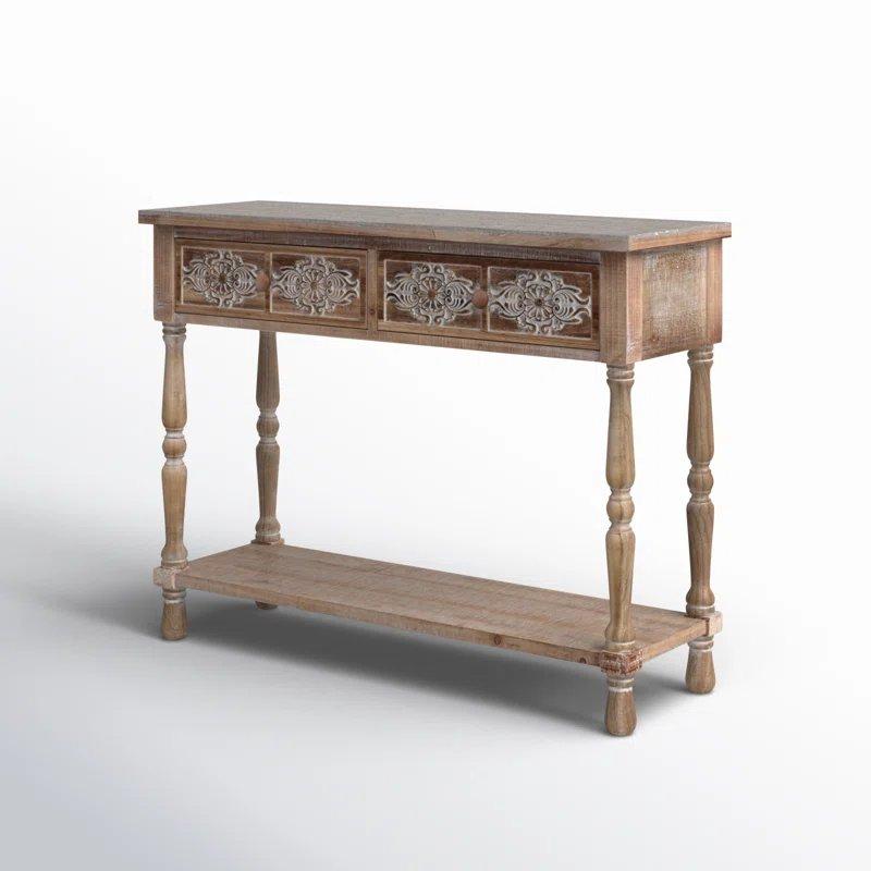 Eskitme Kahverengi Masif ve Endüstriyel Ahşap 2 Çekmeceli Raflı Bohem Dresuar - 107x36x82 cm - 131584