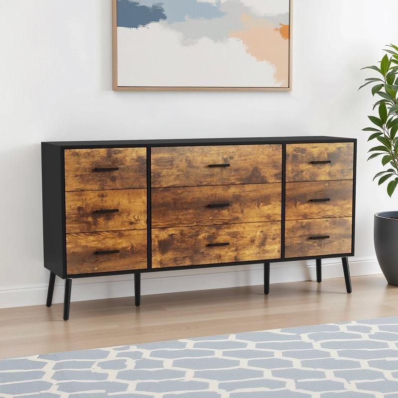 Eskitme Kahverengi MDF 9 Çekmeceli Siyah Metal Ayaklı Şifonyer - 156x35x82 cm - 122773