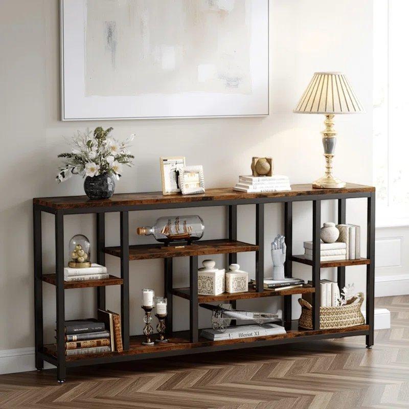 Eskitme Koyu Kahverengi ve Siyah Metal ve Endüstriyel Ahşap 5 Raflı Dikdörtgen Koltuk Arkası Dresuar - 180x30x91 cm - 131910