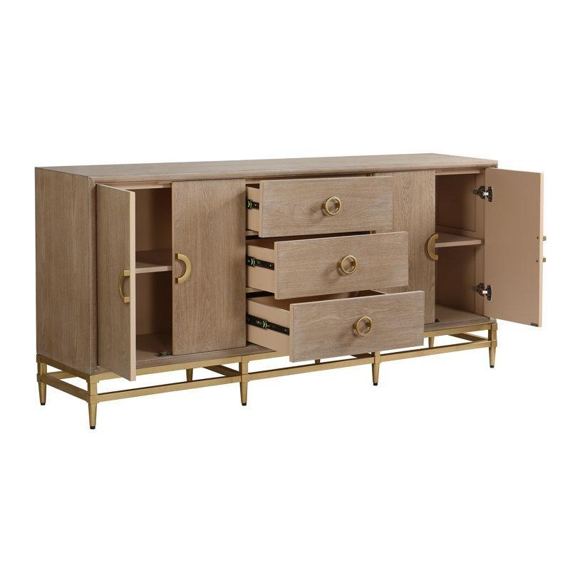 Eskitme Meşe ve Gold Masif ve Endüstriyel Ahşap 4 Kapaklı 3 Çekmeceli Gold Konsol - 183x87x44 cm - 129055