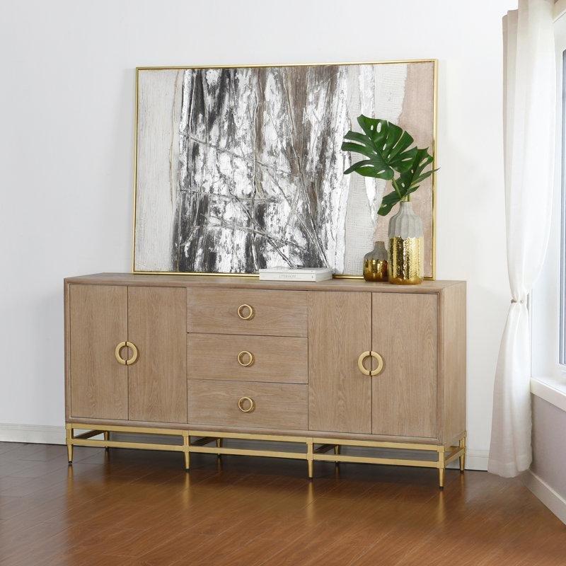 Eskitme Meşe ve Gold Masif ve Endüstriyel Ahşap 4 Kapaklı 3 Çekmeceli Gold Konsol - 183x87x44 cm - 129055