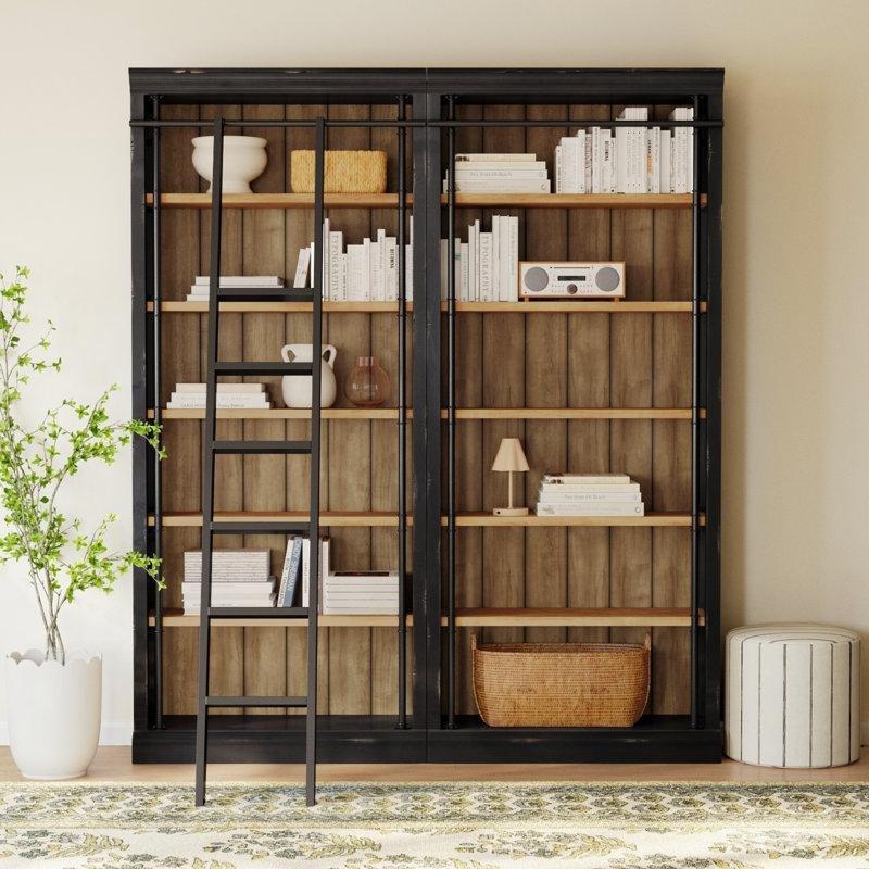 Eskitme Siyah ve Bal Rengi Masif Çam Merdivenli Kitaplık - 204x39x239 cm - 141802