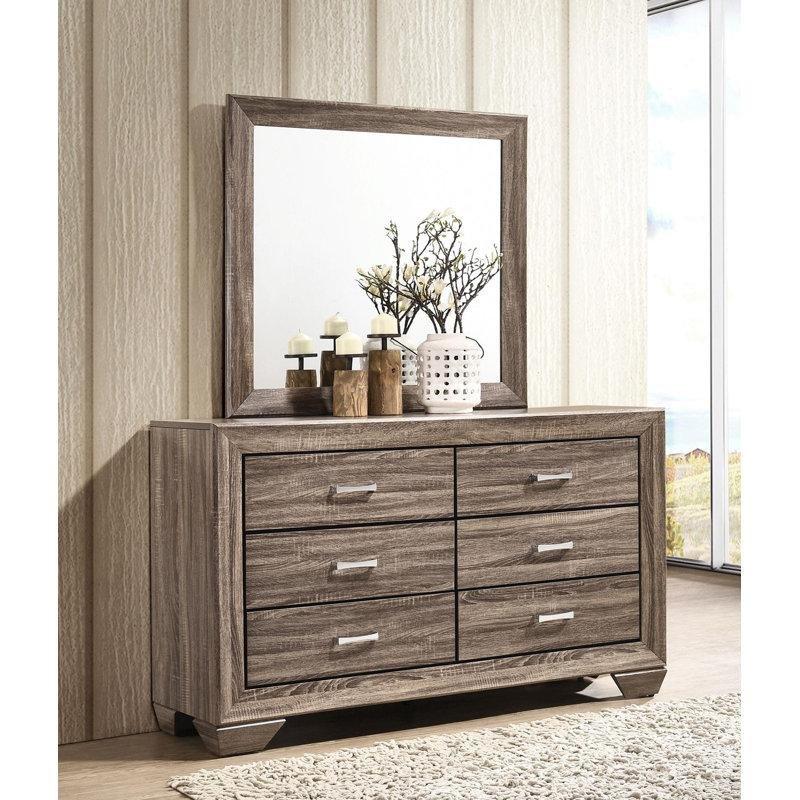 Eskitme Vizon Endüstriyel Ahşap Metal Kulplu 6 Çekmeceli Aynalı Şifonyer - 149x197 cm - 123945