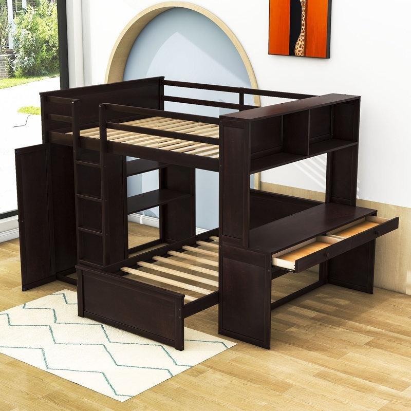 Espresso Masif ve Endüstriyel Ahşap Çalışma Masalı Dolaplı L Tipi Ranza - 221x199x166 cm - 124491