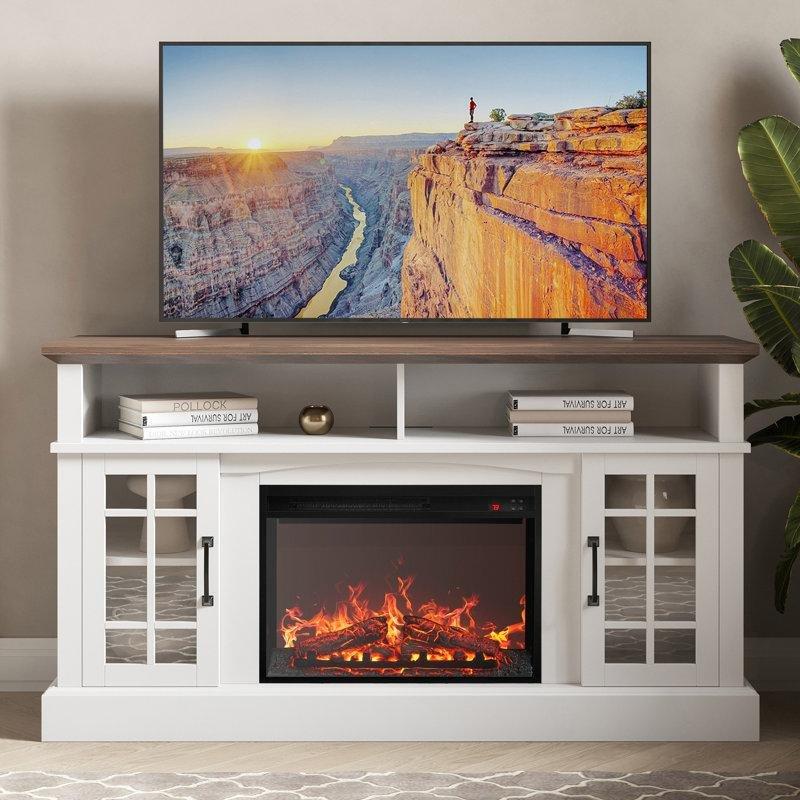 Espresso Rengi Endüstriyel Ahşap Elektrikli Şömineli ve Cam Kapaklı Kitaplık - 148x41x82 cm - 141427