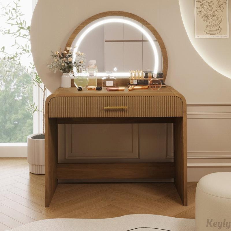 Espresso Renk Masif ve Endüstriyel Ahşap Dokunmatik LED Aynalı Çekmeceli Makyaj Masası - 100 cm - 121318