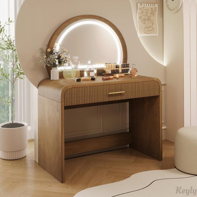 Espresso Renk Masif ve Endüstriyel Ahşap Dokunmatik LED Aynalı Çekmeceli Makyaj Masası - 100 cm - 121318