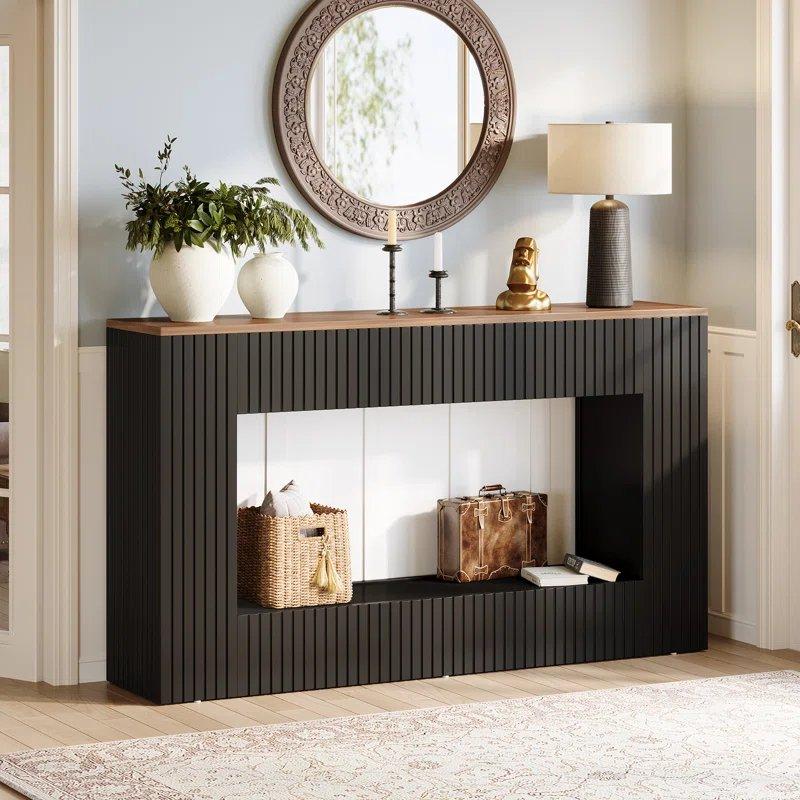 Espresso ve Siyah Endüstriyel Ahşap Raflı Yivli Tasarım Koltuk Arkası Dresuar - 140x30x85 cm - 132149