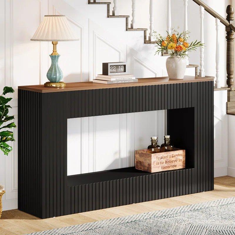 Espresso ve Siyah Endüstriyel Ahşap Raflı Yivli Tasarım Koltuk Arkası Dresuar - 140x30x85 cm - 132149