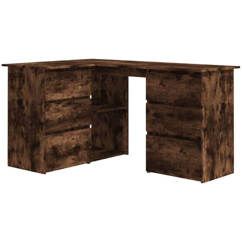Füme Meşe Ahşap Endüstriyel Çekmeceli Köşe Bilgisayar Masası-145x100x76 cm - 114993